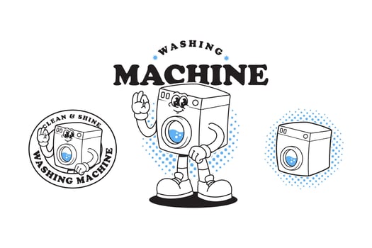 Washing machine cartoon mascot design in outline style with showing ok hand. Funny washing machine character illustration logo set. Laundry service character mascot with washing machine design vector