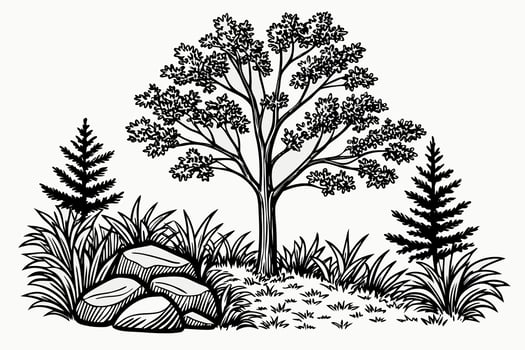 Black ink drawing of a natural landscape with trees and rocks vector