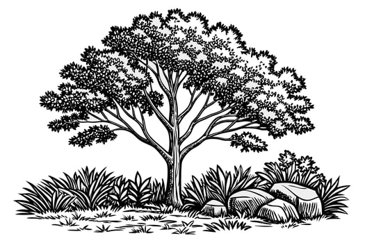 Black ink drawing of a leafy tree with grass and rocks vector