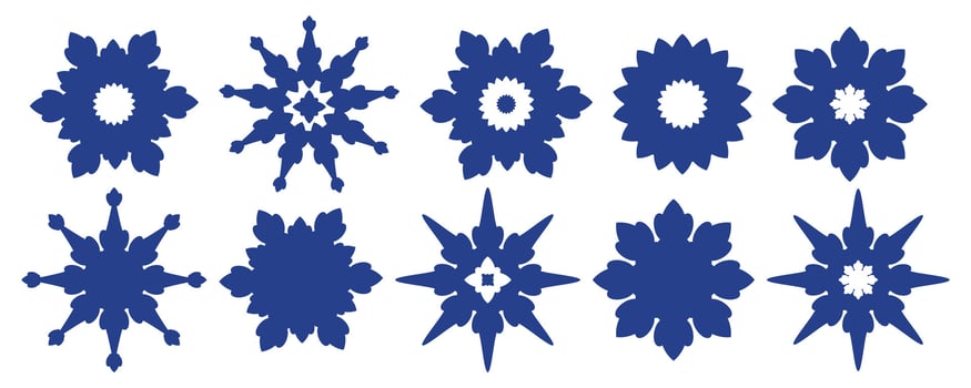 Snowflakes icons set. Snow symbols isolated on white background. Hand drawn doodles winter elements for Christmas cards, seasonal backgrounds, festive packaging, decoration. vector