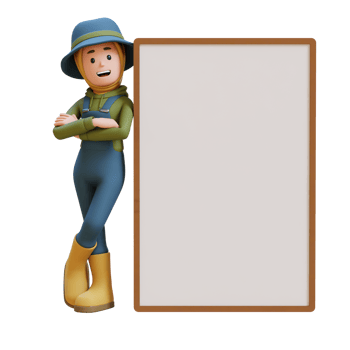 3D muslim female Farmer Character leaning with crossed hand on blank placard png