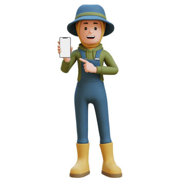 3D muslim female Farmer Character pointing and presenting on the smartphone png