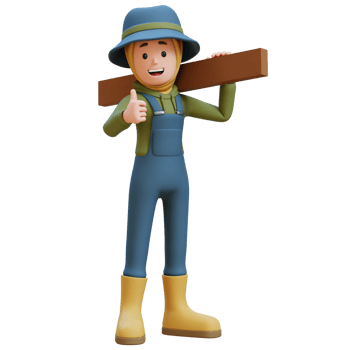 3D muslim female Farmer Character gives a thumbs up while working carrying wood. png