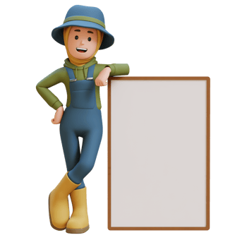 3D muslim female Farmer Character leaning on a blank placard png