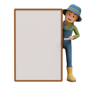 3D muslim female Farmer Character standing behind placard and peeking with presenting gesture. png
