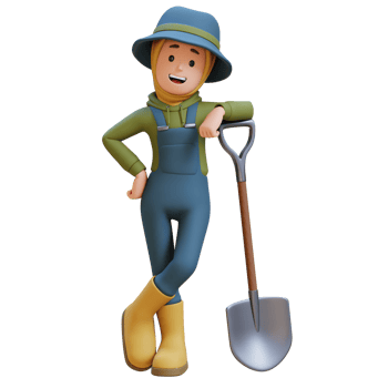 3D muslim female Farmer Character leaning against a shovel png