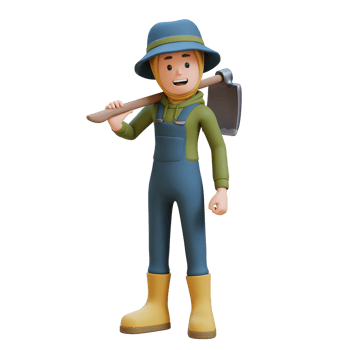 3D muslim female Farmer Character standing confident with a hoe on shoulder png
