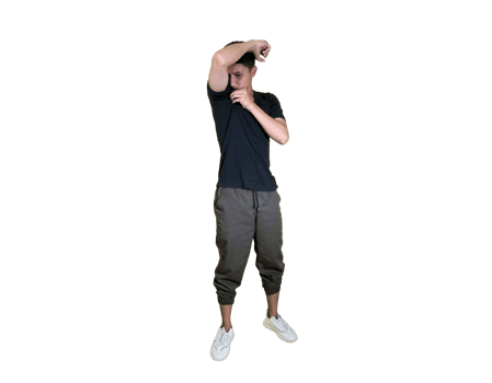 Expressive Male Model Raising Arm and Smelling Sweat in Casual Outfit png