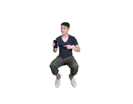 A young man dressed casually in a squatting pose, showing a promotional app smartphone. png