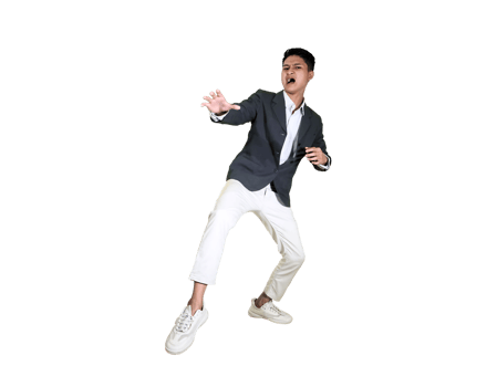 A young man in a blazer and white pants recoils in shock, shouting with a terrified expression. png