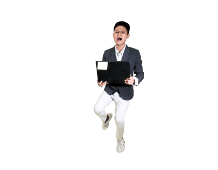 The successful young male shows off his accomplishment with joy while holding a laptop, symbolizing the benefits of working online or achieving digital milestones png