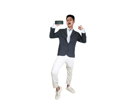 Full Body Portrait of Smiling Young Man Holding Smartphone png