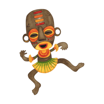 Dancing african aborigine in brown mask with bright pattern yellow armbands and skirt. Watercolor illustration, hand drawn, cartoon. Drawing for poster, stickers, print. Africa, mask, funny, character png