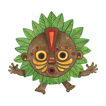 Jumping african aborigine in brown round mask with green leaves frame with arms outstretched. Watercolor hand drawn illustration, cartoon. Drawing for poster, stickers, print. Africa, mask, funny png
