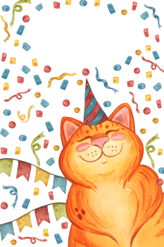 Watercolor birthday card with a red cat in a hat among the confetti png