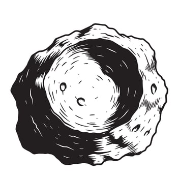 Hand drawn illustration of a lunar surface impact crater in a vintage woodcut style vector