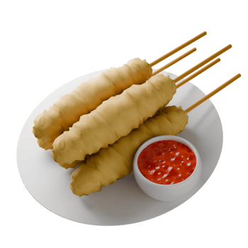 3D Render of Telur Gulung on Plate with Spicy Red Sauce png