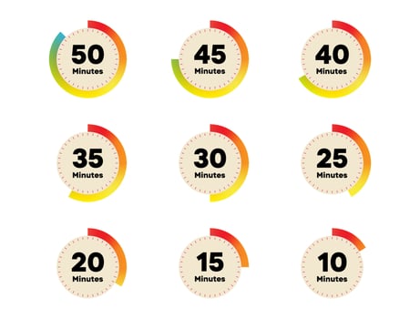 Countdown Timer Icons in Orange and Yellow from 10 to 50 Minutes for Clock or Schedule UI vector