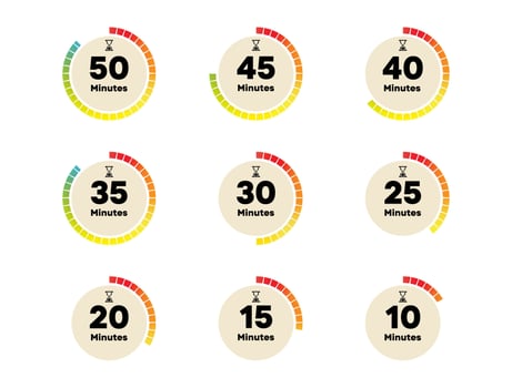 Neutral Colored Timer Circle Set from 10 to 50 Minutes for UX Countdown or Reminder Widget vector