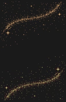 Gold dust light on black backdrop. Magic new year christmas background. Glowing Bokeh effect poster with copy space. Confetti. lines and sparkle frame for cover card banner vector