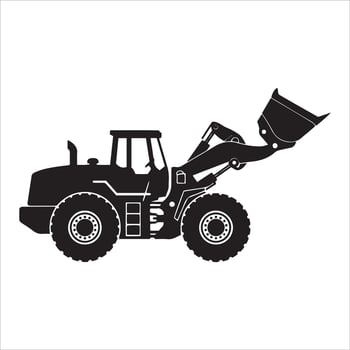 Heavy duty wheel loader with raised bucket in black and white vector