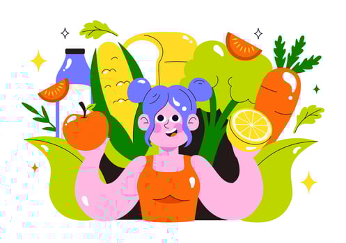 Woman holding fruits and veggies illustration vector