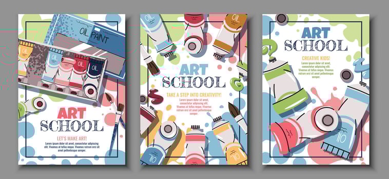 Art school promotional posters with paint tubes vector