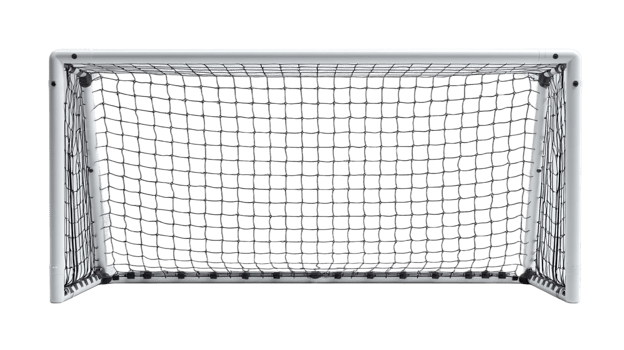 Front view of a soccer goal with a white frame and a net for sports and recreational activities png