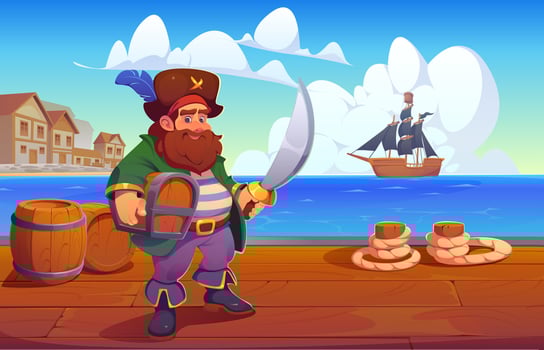 Pirate captain character on port pier holds chest vector