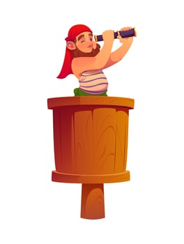 Cartoon pirate ship crew in wooden crow nest vector