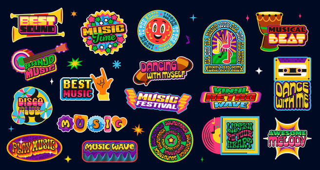 Music y2k groovy funky stickers, retro set vector