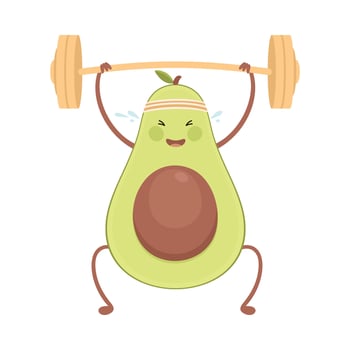 Cute Avocado Exercising with Barbell, Funny Fruit Character Doing Sports, Healthy Eating and Lifestyle, Fitness Concept Cartoon Style Illustration vector