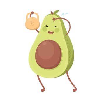 Cute Avocado Lifting Kettlebell, Funny Fruit Character Doing Sports, Healthy Eating and Lifestyle, Fitness Concept Cartoon Style Illustration vector