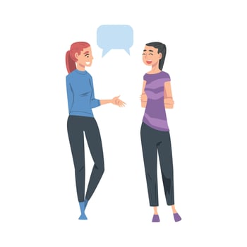 Two Girls Talking to Each Other with Speech Bubbles, Friends or Colleagues Gossiping, Sharing Impressions Cartoon Style Illustration vector