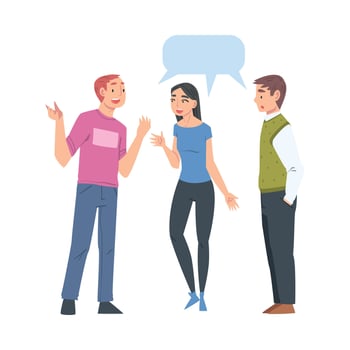 Group of People Talking to Each Other with Speech Bubbles, Friends or Colleagues Talking, Gossiping, Sharing Impressions Cartoon Style Illustration vector