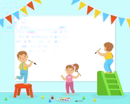Cute Children Painting on Large Poster at Kindergarten or School, Early Development Concept Cartoon Illustration vector