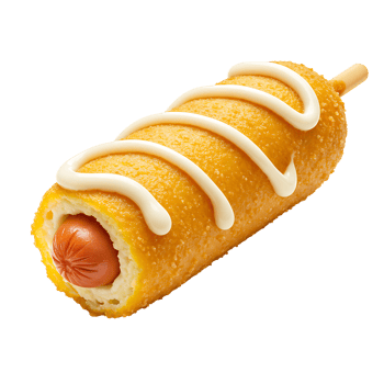 Delicious Crispy Corn Dog with Creamy Mayo Drizzle A Perfect On The Go Snack png