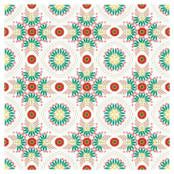 Floral repeat pattern Red flower motif, ornament, green leaves, and dots, colorful floral and geometric pattern on white background. vector
