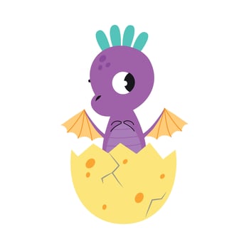Adorable Purple Little Dragon in Eggshell, Funny Baby Dinosaur, Fairy Tale Character Cartoon Style Illustration vector