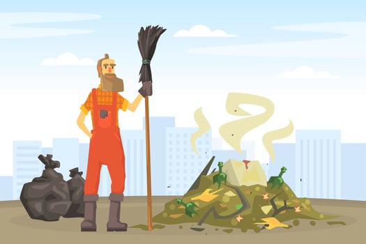 Male Janitor Gathering Trash with Broom, Street Cleaner Man in Orange Uniform Cartoon Illustration vector