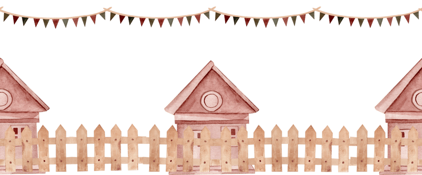 Watercolor horizontal seamless frame depicting rustic houses behind fence and a garland. composition isolated from the background. Hand-drawn illustrations, paper, stationery, fabric, banners, posters png