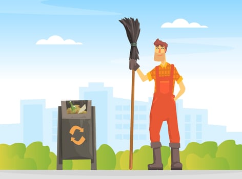 Male Janitor with Broom, Street Cleaner Man in Orange Uniform Cartoon Illustration vector