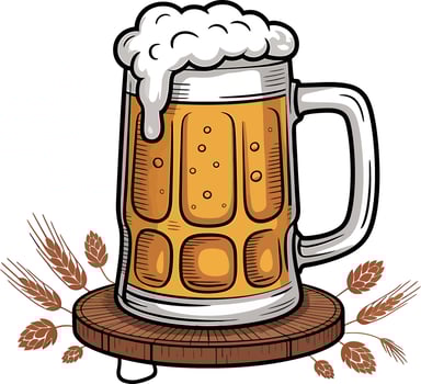 Beer Mug with Foam, Wheat and Hops. Classic Craft Beer Illustration for Pubs and Breweries vector