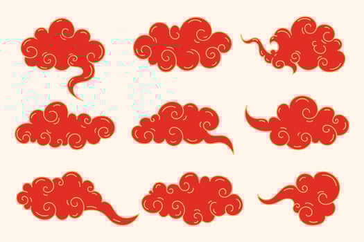 Chinese Oriental Clouds Collection. Red elegant Chinese style clouds with golden border. Asian japanese traditional cloud ornaments set. Chinese new year clouds icons. vector