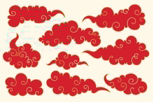 Asian Oriental Clouds Collection. Chinese New Year Clouds Set. Red elegant Chinese style clouds with golden border. Asian japanese traditional cloud ornaments set. vector