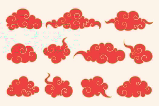 Hand Drawn Line Art Chinese Oriental Clouds Collection. Red elegant Chinese style clouds with golden border. Asian japanese traditional cloud ornaments set. Chinese new year clouds icons. vector