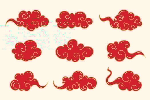Chinese Oriental Clouds Sky Ornaments Set. Red elegant Chinese style clouds with golden border. Asian japanese traditional cloud ornaments set. Chinese new year clouds icons. vector