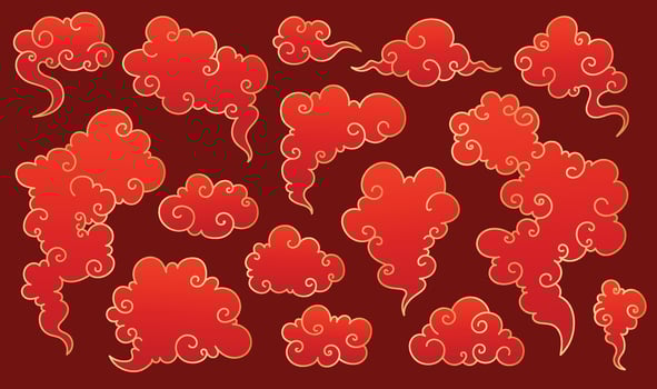 Oriental Asian Clouds Collection. Red elegant Chinese style clouds with golden border. Asian japanese traditional cloud ornaments set. Chinese new year clouds icons. vector