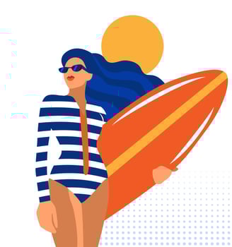 Girl with a surfboard summer minimalistic illustration vector
