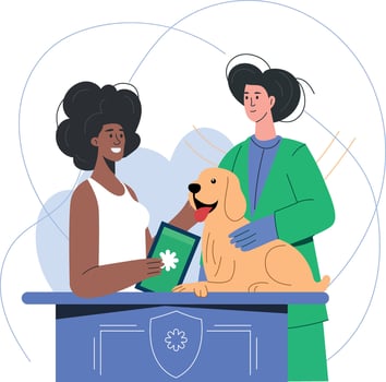 Vet and pet owner with golden retriever vector